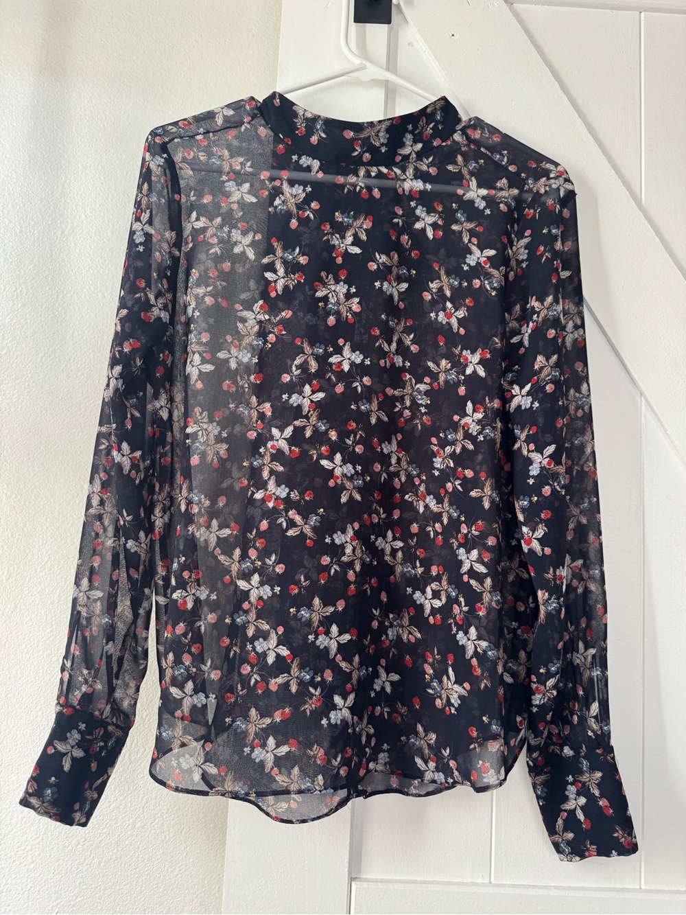 Zara Sheer Black Floral Long-Sleeve Mock Neck Top
